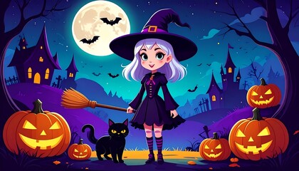 A charming witch and her black cat ready for a spooky Halloween night. The scene features jack-o'-lanterns and a full moon. 