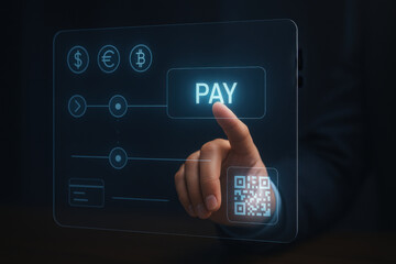 Interactive holographic payment interface showcases user engaging with digital payment system. interface features various currency symbols, QR code, and prominent PAY button, emphasizing modern