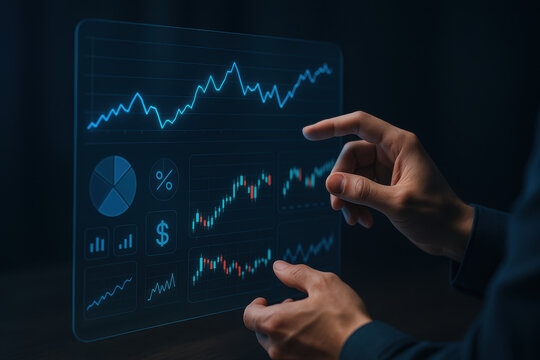 Interactive financial hologram interface displays data analysis and stock market trends. hands engage with digital elements, showcasing modern technology in finance