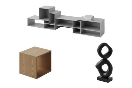 Modern modular bookshelf, wooden cube table, and abstract black sculpture on transparent background