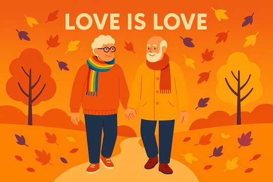 Elderly gay couple walking in autumn park with "Love is Love" text – AI generated - Powered by Adobe