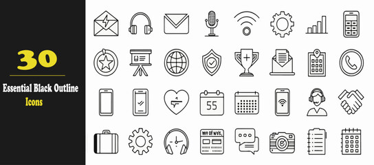 Essential Black Vector Icons Set – Office, Technology, Ecommerce, Travel Elements