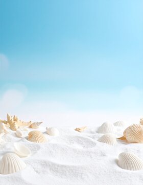 Tropical Beach Bliss: Pristine White Sand with Seashells and Starfish, Serene Ocean Horizon, Soft Blue-White Gradient Sky. Ideal Summer Holiday Background & Copy Space