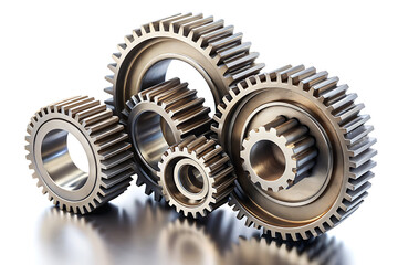 Interlocking Metal Gears isolated on white background. showcasing mechanical precision and industrial engineering
