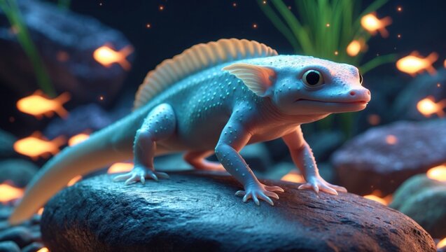 Pale-blue axolotl resting in aquarium with rock, orange fish, green plants and scattered pebbles - Powered by Adobe