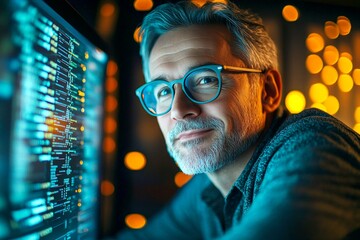 Deepfake creator looks happy pleased at the monitor in dark computing facility. Concept art of it. Expert caucasian adult man in , data visualization reflections in his glasses.