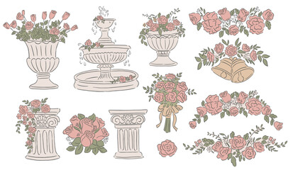 Collection of Wedding Occasions vector illustrations of Floral Roman vintage columns and pot