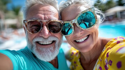 A vibrant, joyful couple smiles broadly while taking a selfie by the pool, showcasing their sunglasses and carefree spirit under the warm sun, perfect for portraying happiness.