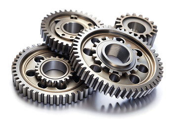 Interlocking Metal Gears isolated on white background. showcasing mechanical precision and industrial engineering