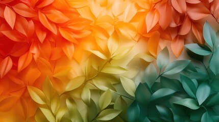 This image features a stunning gradient of leaves in shades of orange, green, and teal, creating a vibrant and visually appealing backdrop that's perfect for various themes.