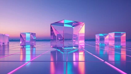 Reflecting large transparent cube glowing on neon grid floor, with crystalline cubes