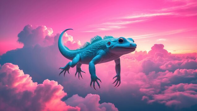 Gliding turquoise-blue lizard floating above pink clouds beneath magenta sky, with spiny ridge - Powered by Adobe