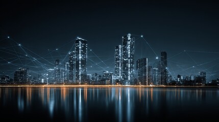 Skyline at night shows connection lines over a glowing modern city with reflective water in an impressive technology concept