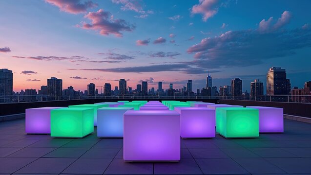Shifting cubes forming grid on tiled rooftop terrace at dusk, with metal railing and skyline