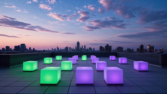Glowing illuminated cubic lights covering tiled rooftop terrace at dusk, with city skyline