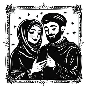 Hyper realistic 3d render Muslim Couple Portrait: Elegant Black and White Illustration of a Man and Woman Using a Smartphone AI Generative