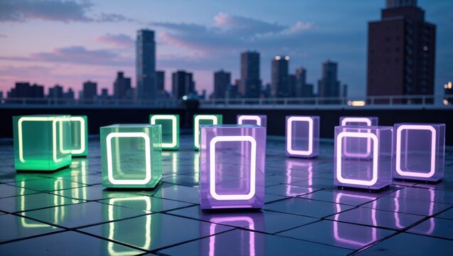 Illuminating translucent cube with purple neon frame on wet rooftop at dusk, near metal guardrail - Powered by Adobe