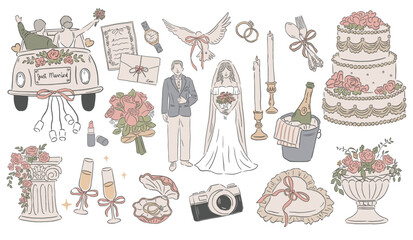 Collection of Wedding Occasions hand drawn style vector illustrations