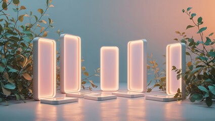 Glowing cluster of six peach LED panel lights shining in studio, with decorative green foliage