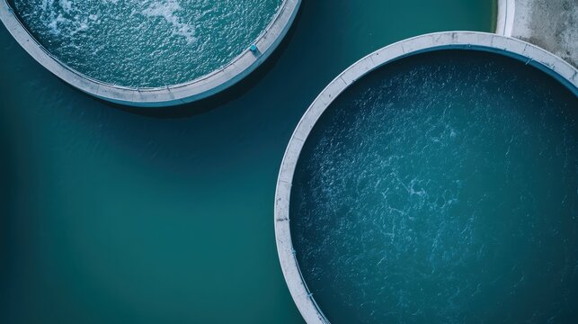 This striking aerial photograph focuses on circular water treatment tanks, emphasizing the abstract patterns, textures, and colors of water reflecting in a modern industrial setting.