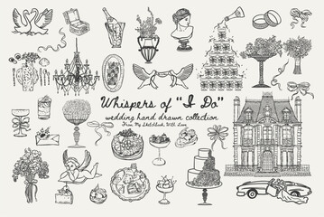 Whimsical wedding set with palace, couple in car, cakes, swans, food, florals and champagne tower. Rich romantic elements for event design and decor.