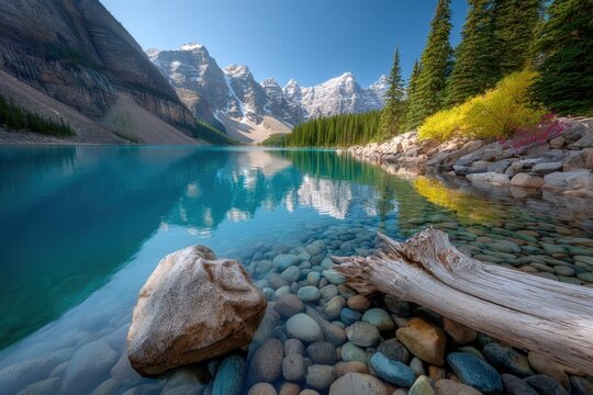 Breathtaking scenic view of turquoise alpine lake surrounded by towe snow-capped mountains dense green pine forest and bright blue sky du daytime