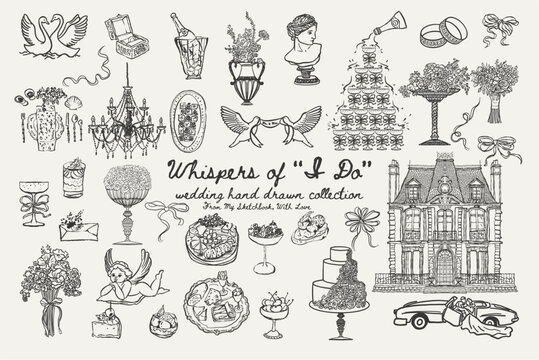 Whimsical wedding set with palace, couple in car, cakes, swans, food, florals and champagne tower. Rich romantic elements for event design and decor.