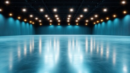 This image showcases a vast, illuminated venue with blue lighting and reflective flooring, ideal for events or artistic performances in a modern setting.