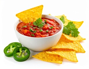 Beautiful bowl of salsa dip with tortilla chips cilantro and jalapeno slices