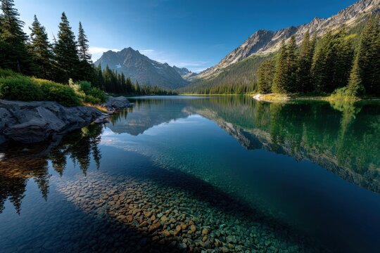 Tranquil Mountain Lake Surrounded by Dense Forests and Majestic Peaks Under Clear Blue Sky in a Scenic Wilderness Setting