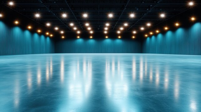 This image showcases a vast, illuminated venue with blue lighting and reflective flooring, ideal for events or artistic performances in a modern setting.