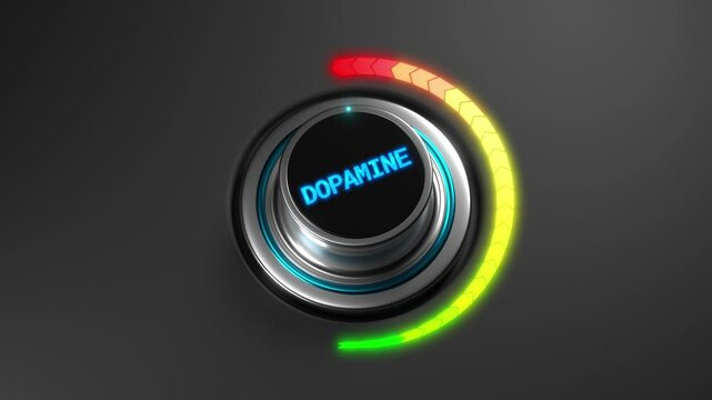 3D animation of a rising dopamine level on a color dial from green to red. Great for brain chemistry, emotion, motivation, and mental health visuals