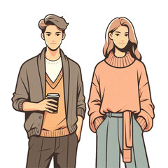 Fototapeta premium Young man and woman standing together in casual outfits holding coffee 