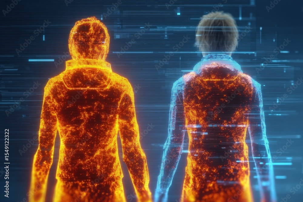Poster futuristic digital network concept showing two human figures connected by glowing data streams in a 
