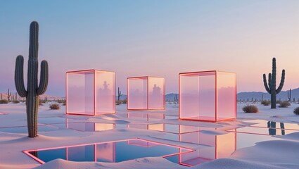 Glowing translucent cubes reflecting in shallow water pools on white sand at sunset, with cacti