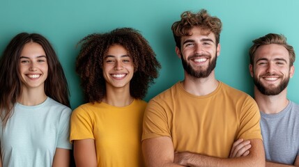 Obraz premium A vibrant image of four young people, diverse in background, smiling joyfully against a bright teal background, celebrating friendship and positivity in togetherness.