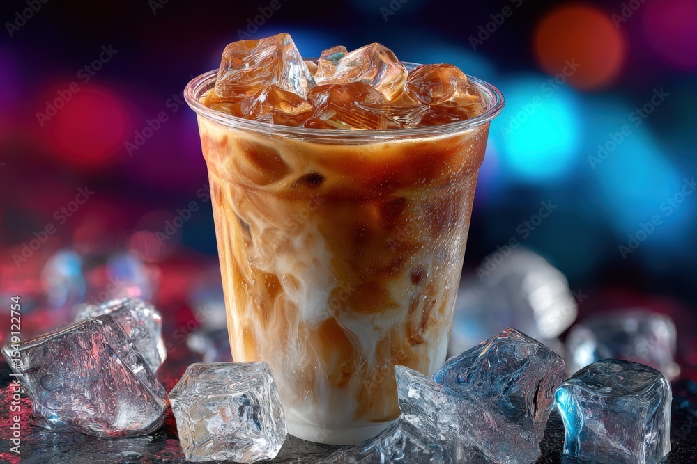 Poster refreshing cold coffee beverage with milk and ice cubes served in a glass with colorful blurred back