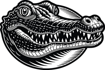 A stylized black and white alligator head shows sharp teeth in striking detail