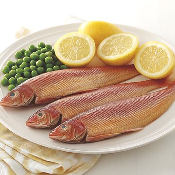 Freshly prepared three ruby snappers ready for cooking with lemon and peas