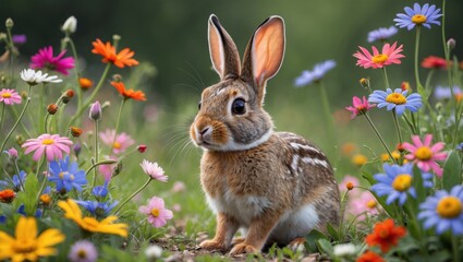 Obraz premium Sitting alertly brown rabbit with white underbelly in sunlit meadow, with daisies and cosmos blooms