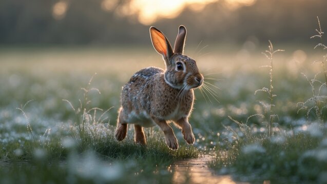 Bounding wild rabbit running through dew-covered meadow at dawn, with grass blades and dew droplets - Powered by Adobe