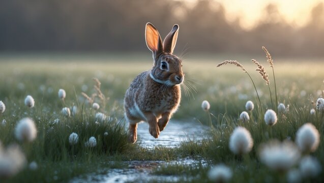 Leaping wild brown rabbit crossing wet rural meadow, with cotton grass heads, shallow puddles