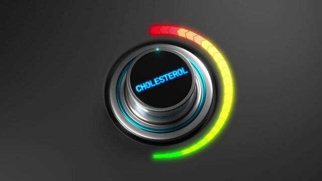 3D animation of a rising cholesterol level on a color dial from green to red. Perfect for health, heart risk, diet, or medical visualization content.