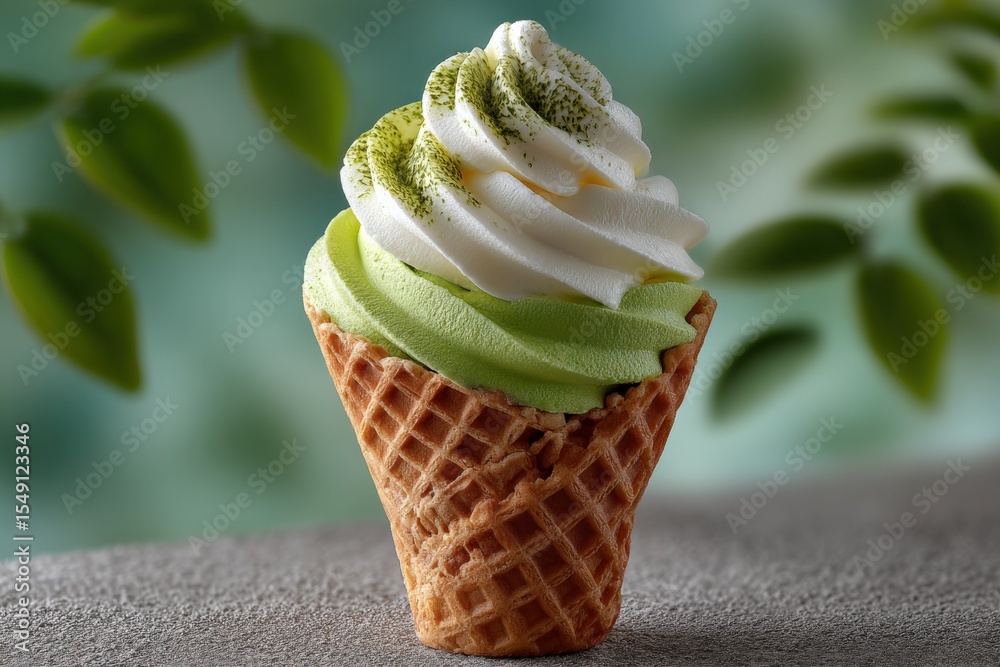 Poster creamy green tea and vanilla soft serve ice cream swirl in a crispy waffle cone with matcha powder t