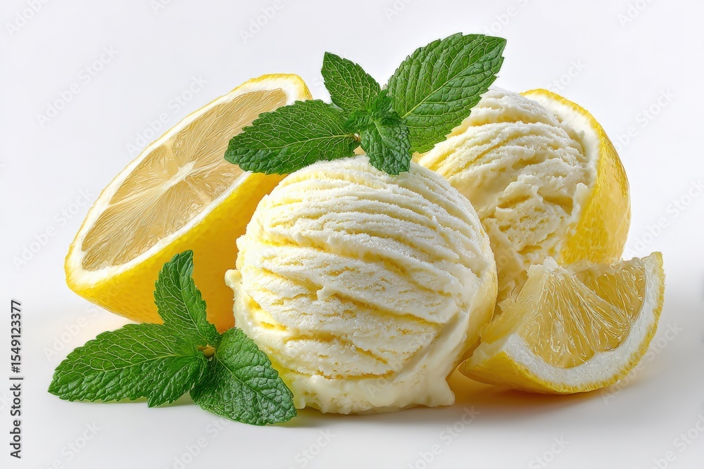 Poster refreshing lemon ice cream scoops with fresh lemon wedges and mint leaves on a white background