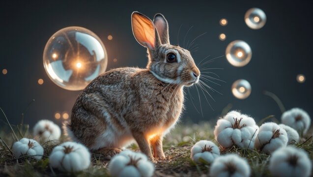 Sitting brown rabbit scanning grassy meadow at dusk, with white cotton bolls and soap bubbles - Powered by Adobe