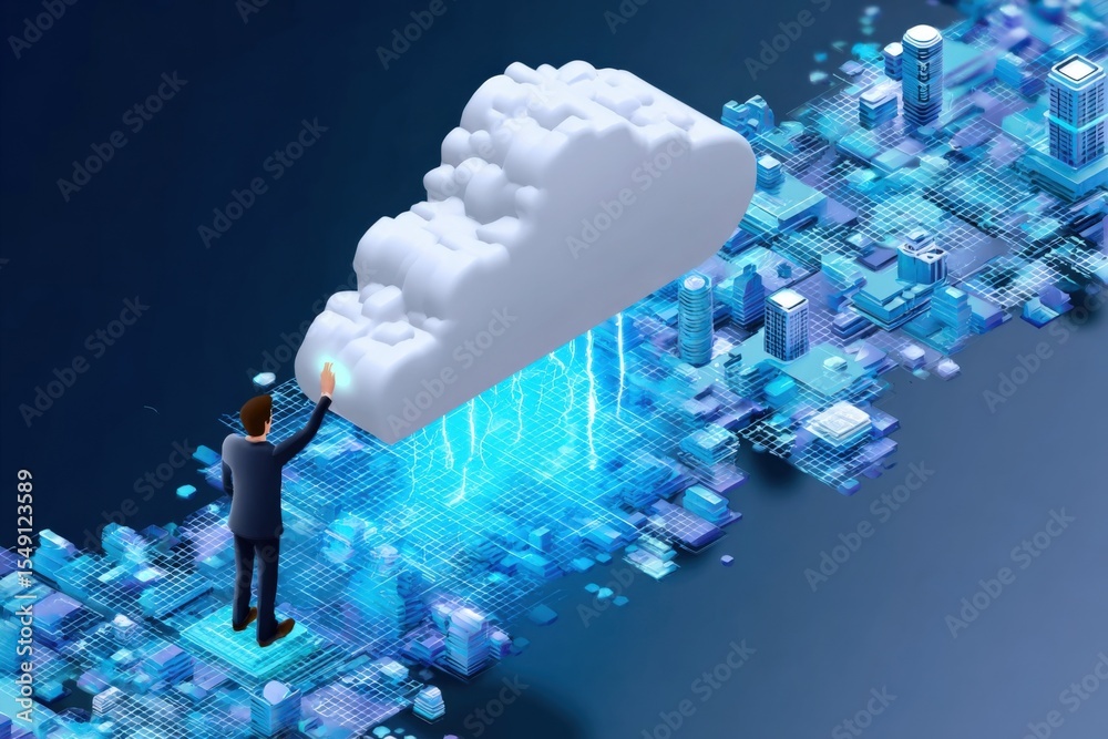 Poster businessman interacting with cloud computing technology and digital data transfer in a futuristic co