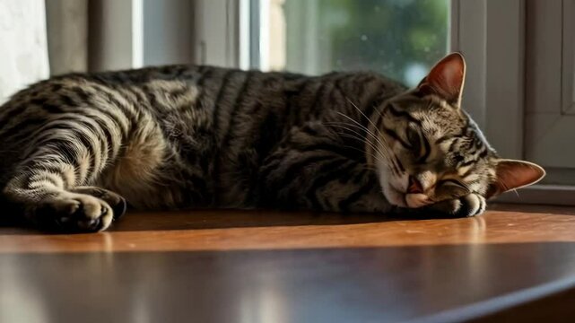 A tabby cat naps peacefully in a sunbeam on a wooden table by a window