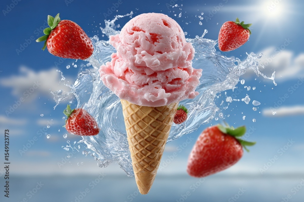 Poster refreshing pink strawberry ice cream cone with fresh strawberries splashing in the air on a bright s