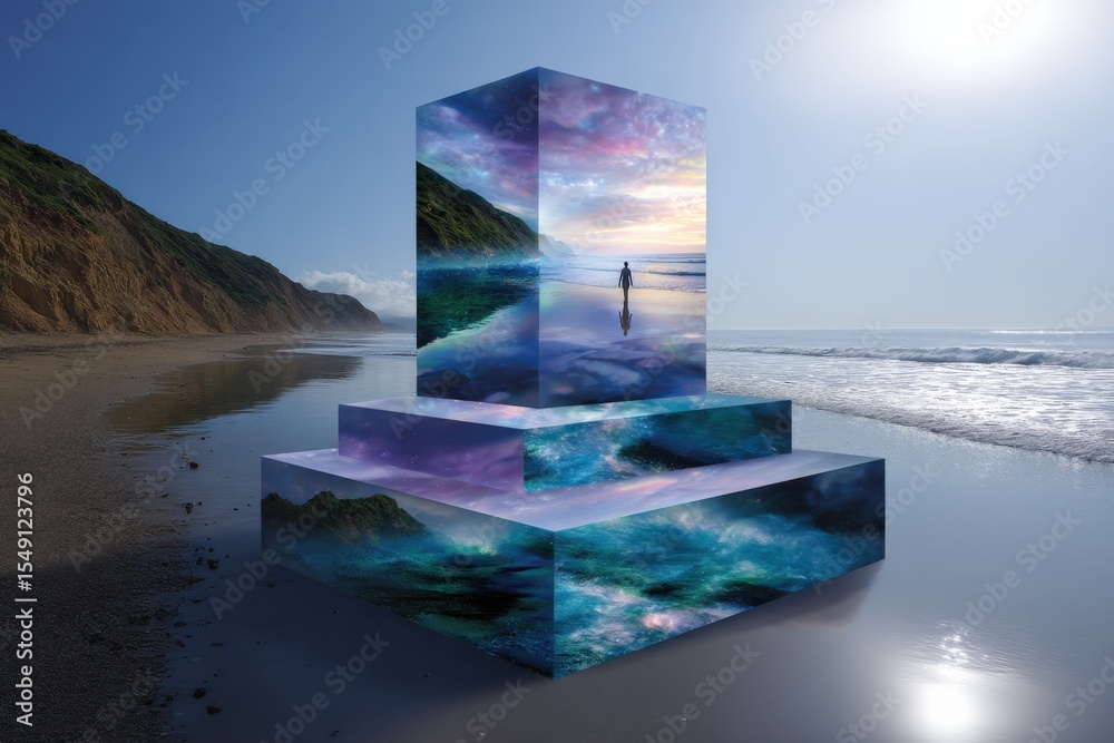 Poster surfer standing on beach with artistic 3d cube displaying ocean waves and coastal landscape at sunse